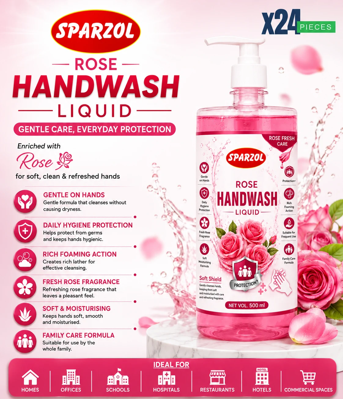 Sparzol Rose Handwash Liquid 500ML PD